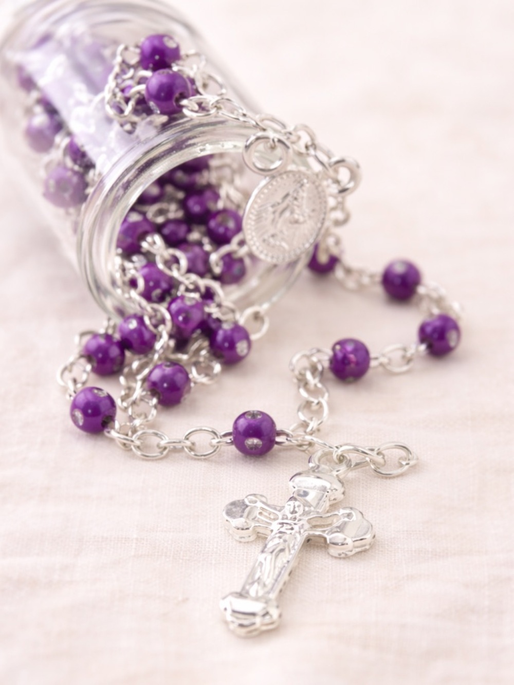 Children’s Purple Rosary 4mm Beads Silver Tone Crucifix Catholic Baptism - Picture 3 of 9